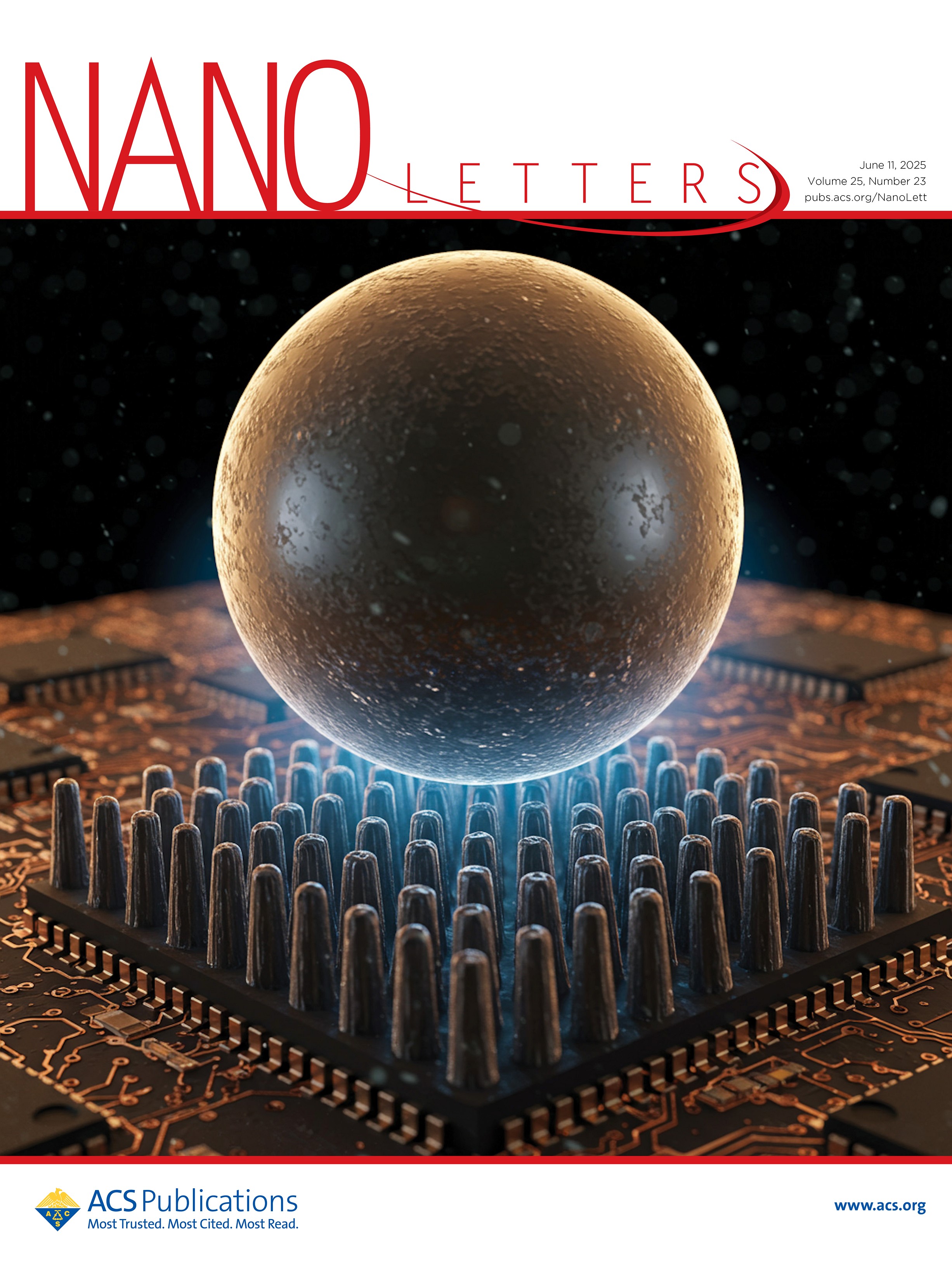 A journal cover with the words Nano Letters on top and a graphic of a floating sphere below