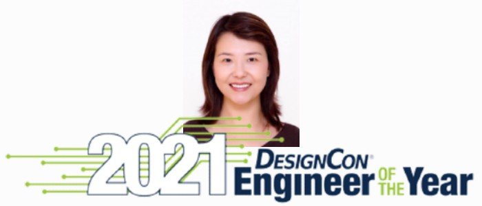 Cathy Liu, a smiling youngish Asian woman with black hair, standing behind the words '2021 Design Con Engineer of the Year'