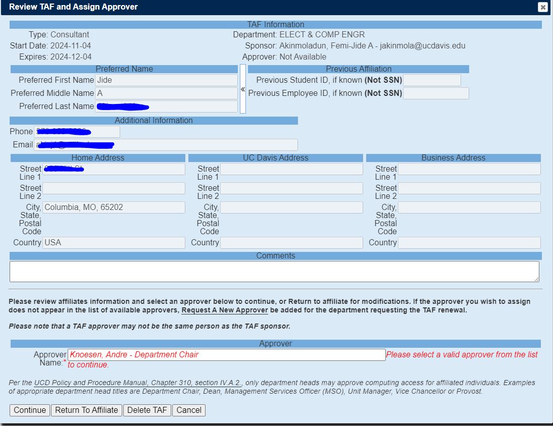 Screenshot of the TAF and Assign Approver Form Details