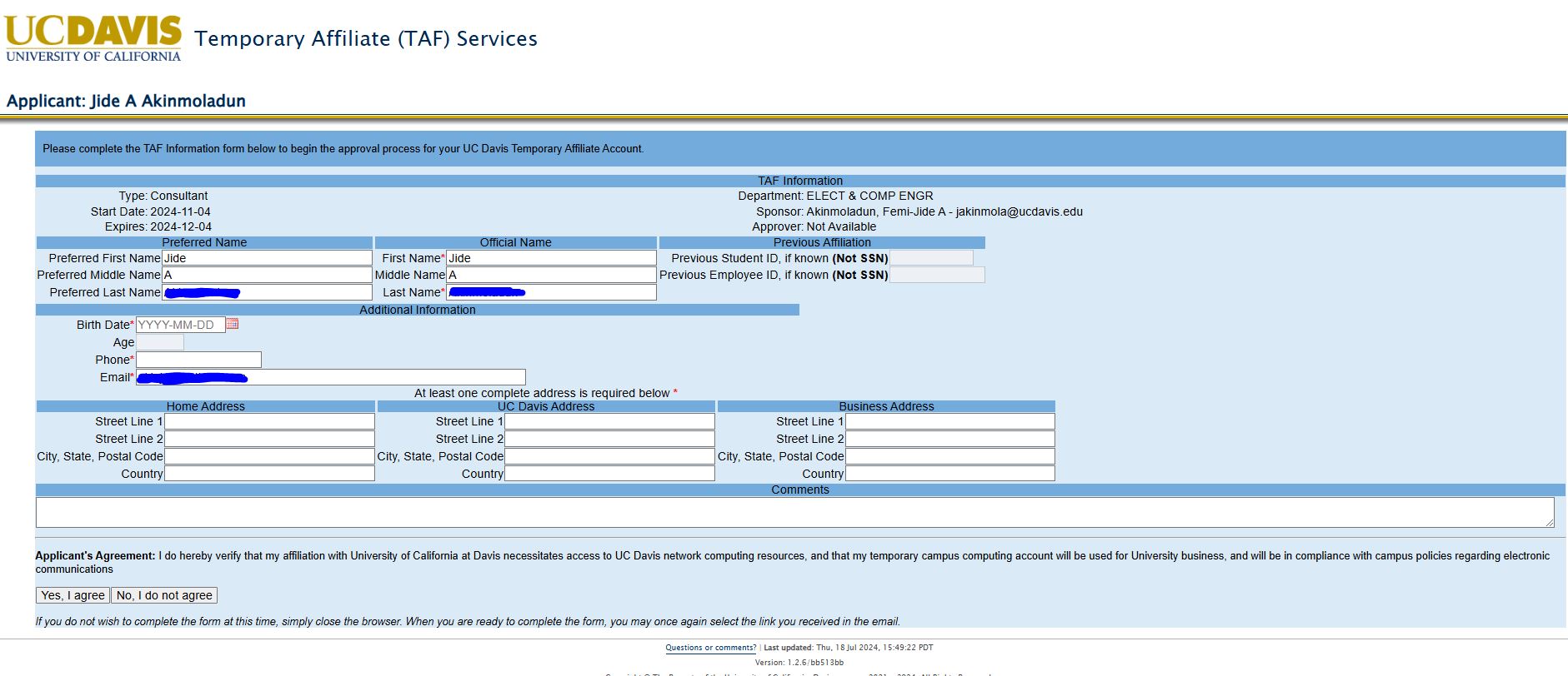 Screenshot of "TAF Applicant Form"