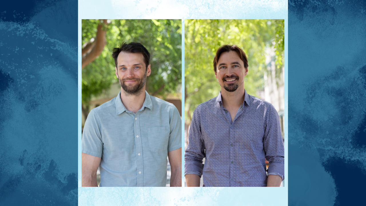 Two professors on a blue and white background