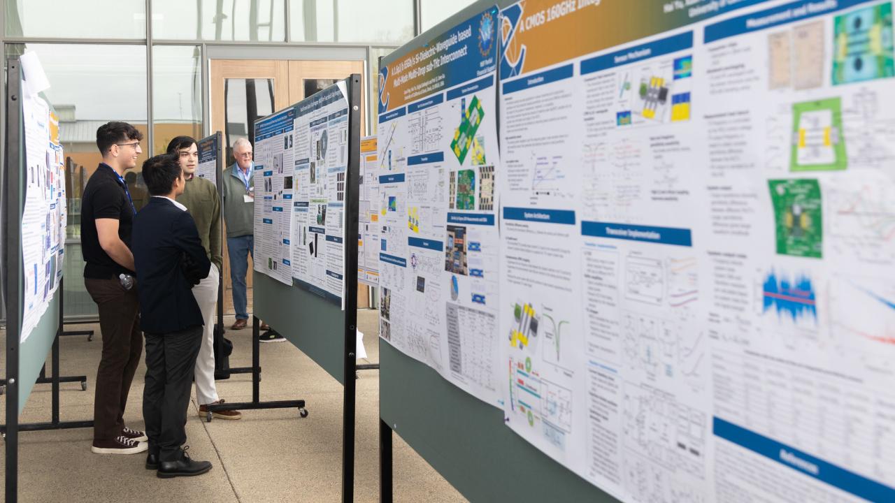 Posters with varying colors hang on temporary walls at UC Davis ECE Expo