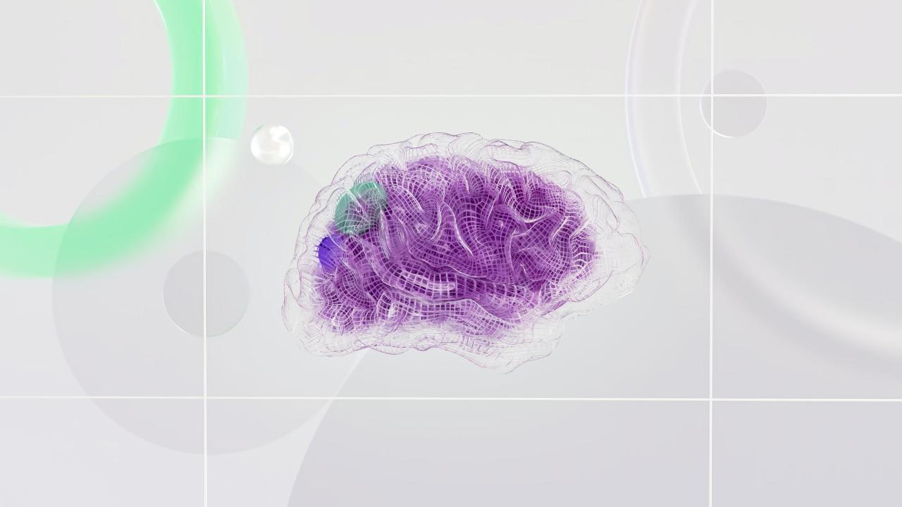A gray background with a purple brain in the center, illustrated and reminicent of artificial intelligence