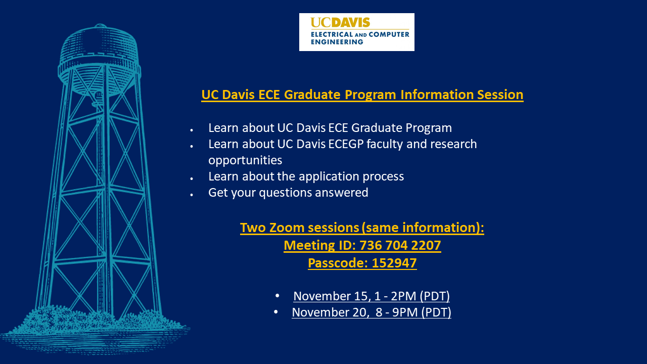 Grad Info Session Flyer, blue background, white and yellow text