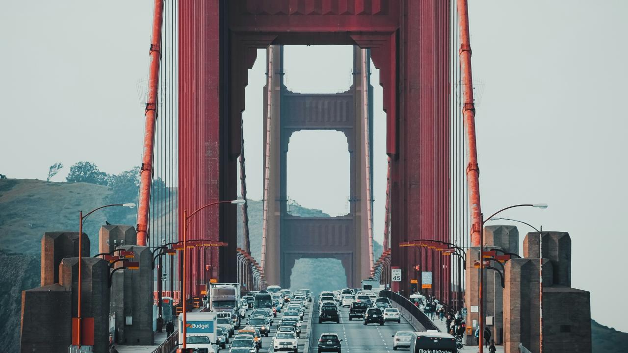 Cars drive over the Golden Gate Bridge in San Francisco