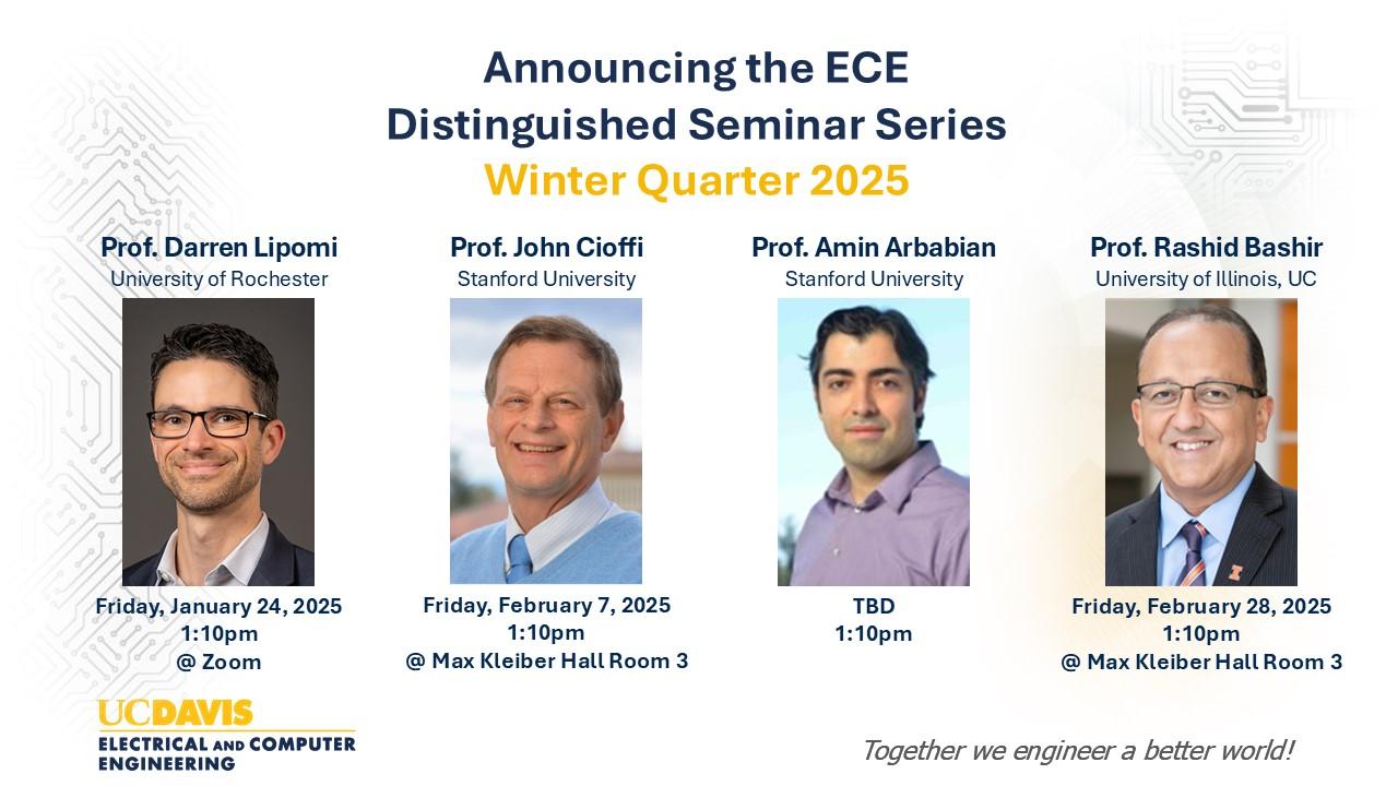 PowerPoint slide detailing Winter 2025 ECE Distinguished Seminar Details and Scheduled Guests