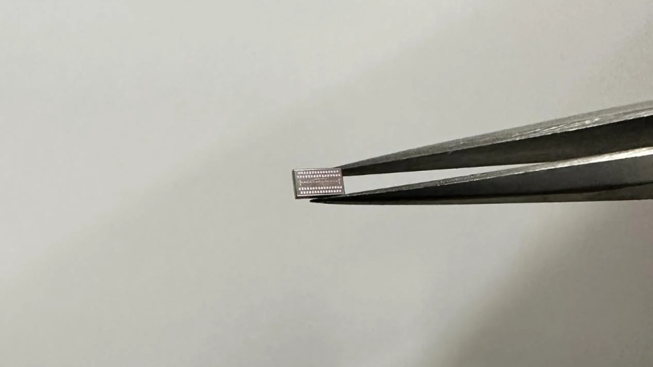 Metal pliers hold us a small microchip the size of a sesame seed