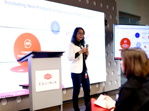 Danjue Li presenting at Girl GeekX Equinix Lightning Talk