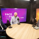 Rain Sun and Sam Louderback sit with Gary May in a podcast studio