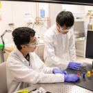 Weijian Yang works with a student in his lab